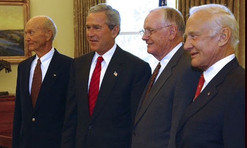 Michael Collins, President George W. Bush, Neil Armstrong, and Buzz Aldrin during celebrations of the 35th anniversary of the Apollo 11 flight, July 21, 2004.