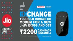 Reliance Jio introduces exchange offer: Buy JioFi dongle at Rs 999 and get cashback of Rs 2,200 Reliance Jio introduces exchange offer: Buy JioFi dongle at Rs 999 and get cashback of Rs 2,200