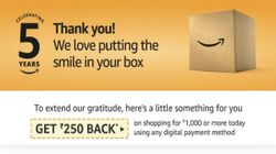 Amazon India offering a flat Rs 250 cash-back to celebrate 5th anniversary