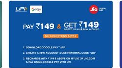 Jio Google Pay UPI Rs. 149 Cashback Offer: Get Free 42GB 4G Internet Jio Google Pay UPI Rs. 149 Cashback Offer: Get Free 42GB 4G Internet
