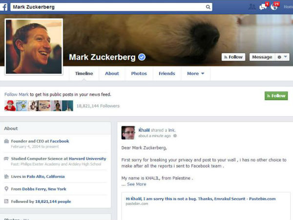 Khalil message on zukerberg wall 
