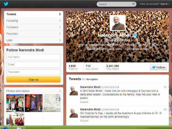 Narendra Modi twitter page
