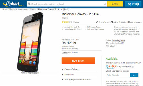माइक्रोमैक्‍स कैनवास 2.2 A114 की ऑनलाइन बिक्री शुरु, कीमत 12,999 रुपए 