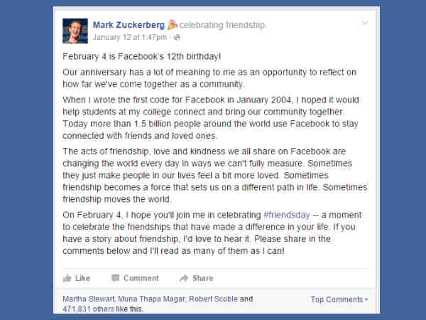 फेसबुक की वर्षगांठ को फ्रेंडशिप डे के रूप में मनाएं : जुकरबर्ग