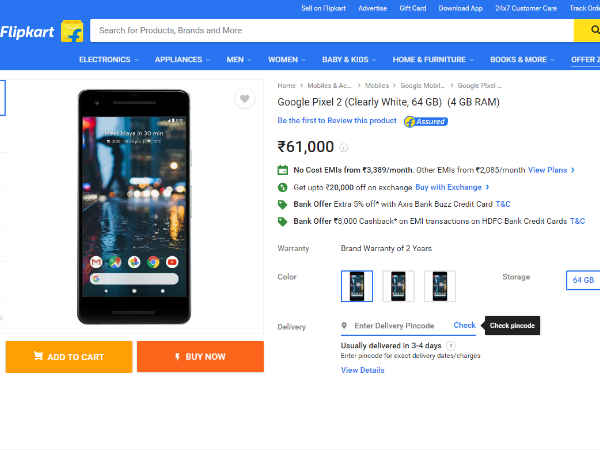 28,000 रुपए डिस्काउंट के साथ फ्लिपकार्ट पर Google Pixel 2 की सेल शुरू 28,000 रुपए डिस्काउंट के साथ फ्लिपकार्ट पर Google Pixel 2 की सेल शुरू
