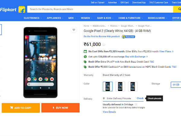 28,000 रुपए डिस्काउंट के साथ फ्लिपकार्ट पर Google Pixel 2 की सेल शुरू