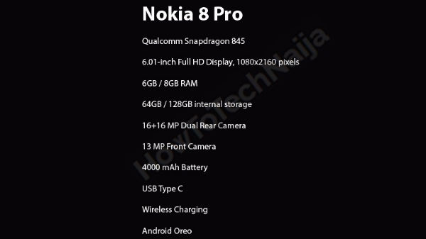 Nokia 8 Pro के स्पेक्स लीक, 8GB रैम व 16MP डुअल कैमरा होगा इसमें