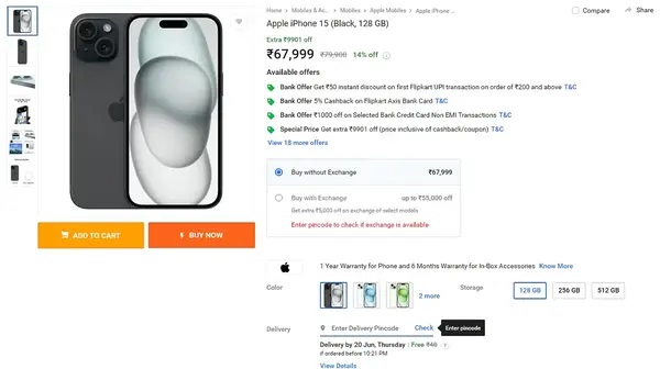 Flipkart Mega June Bonanza sale: Apple iPhone 15 की कीमत में कटौती