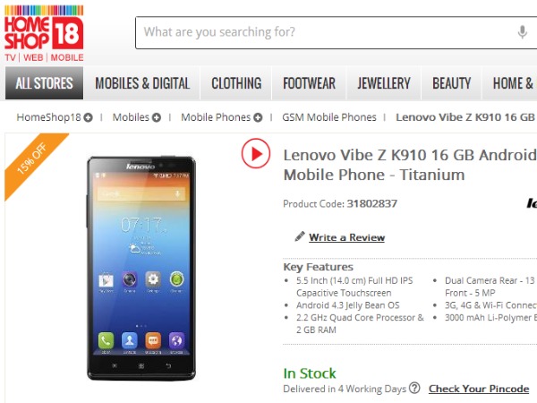 Lenovo Vibe Z Best Price in India