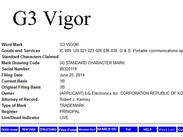 LG G3 Lite, G3 Vigor, G3 Vista and G3 Beat Spotted On Trademark Site