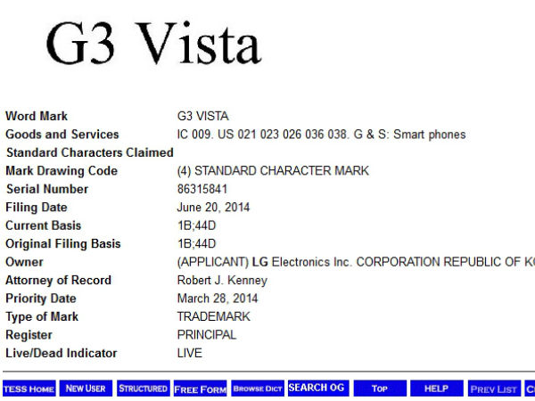 LG G3 Lite, G3 Vigor, G3 Vista and G3 Beat Spotted On Trademark Site