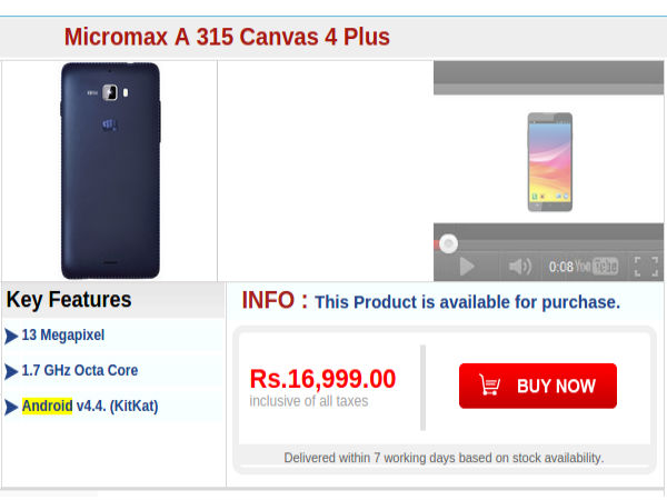Micromax Canvas 4 Plus A315 Available At Rs 16,999