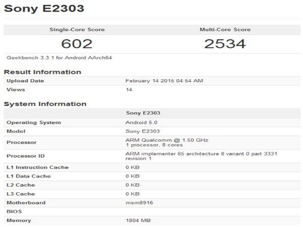 Sony Xperia E2303 With 5.2-inch, Android 5.0 Lollipop Spotted