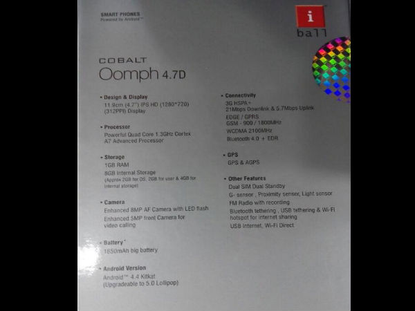 iBall Cobalt Oomph: Smartphone with 4.7 Inch Display Launched
