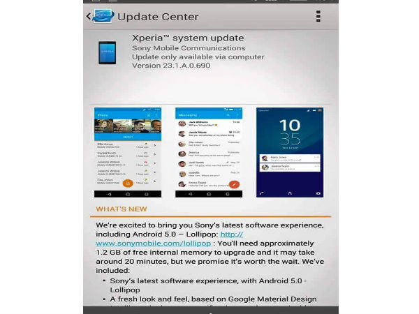 Sony Xperia Z2 Gets Android 5.0 Lollipop Update in India