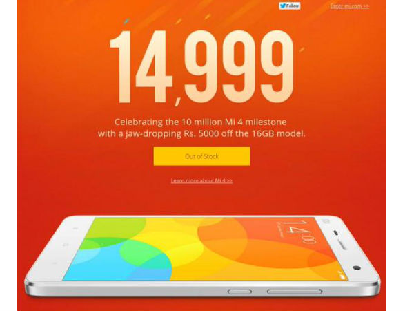 Xiaomi Mi 4 16GB PriceSlashed, Now Available at Rs 14,999