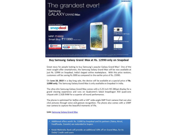 Samsung Galaxy Grand Max Price Slashed, Now Available on Snapdeal