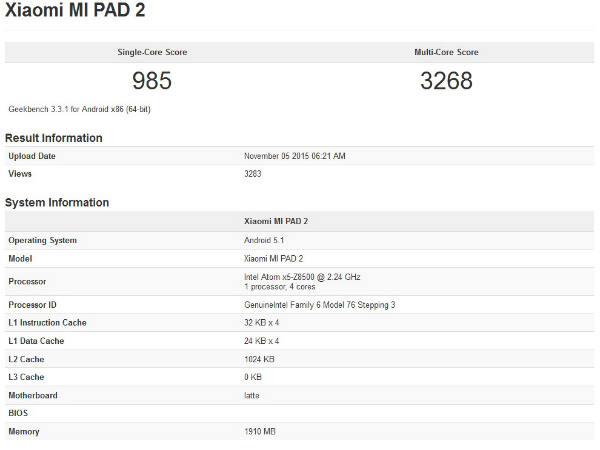 Xiaomi Mi Pad 2 appears on Geekbench listing with few specifications Xiaomi Mi Pad 2 appears on Geekbench listing with few specifications