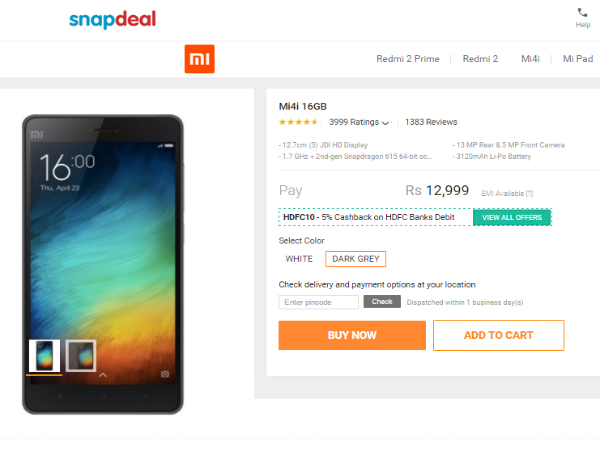 Xiaomi Mi 4i Available in mi.Snapdeal