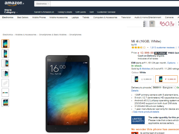 Mi 4i (16GB, White) Available in Amazon