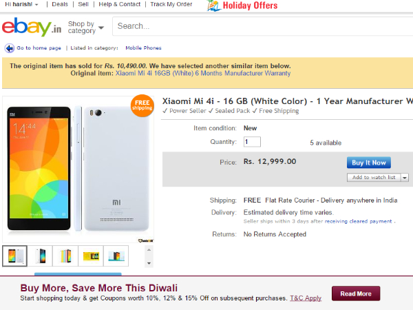 Mi 4i (16GB, White) Available in Ebay