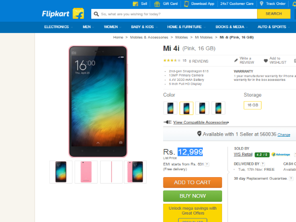 Mi 4i (Pink, 16 GB) Available in Flipkart