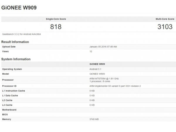 Gionee W909 with Helio P10, 4GB RAM surfaces in Geekbench database