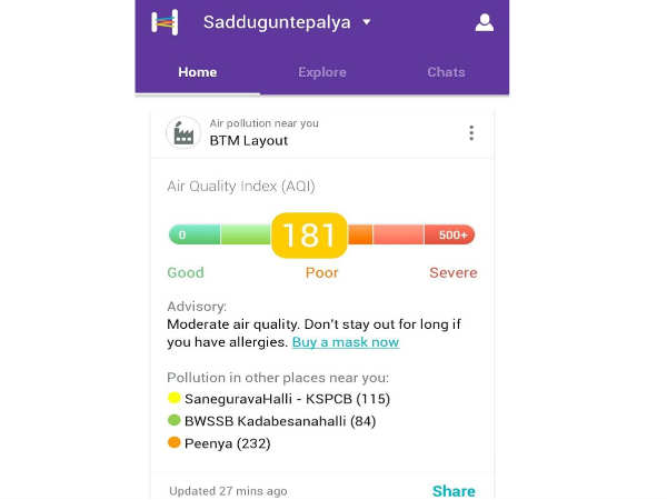Helpchat’s Pollution Alert Feature can show Air Quality Index