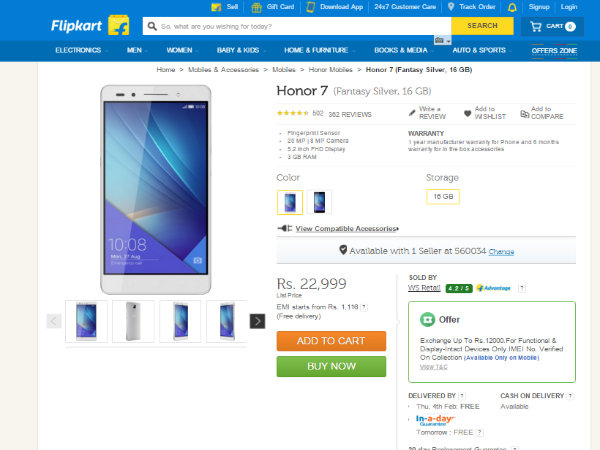 Huawei Honor 7 Exchange Offer: Exchange Up to Rs. 12,000. 