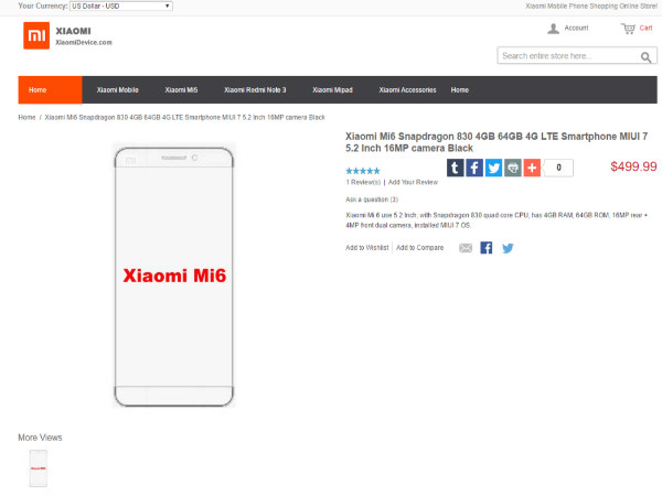 Xiaomi Store Sheds Light on Purported Specs of Xiaomi Mi 6