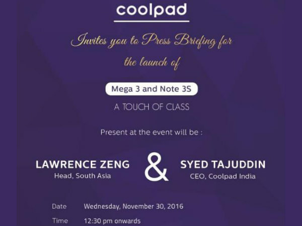 Coolpad Mega 3 and Note 3S to be Unveiled in India on November 30