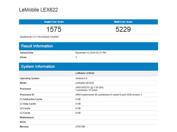 LeEco LEX622 With Helio X20 SoC, 3GB of RAM Pays a Visit to Geekbench