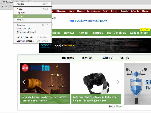 Pin tabs to the browser
