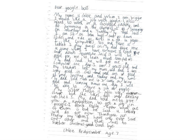 A 7-year old girl writes to Sundar Pichai seeking a job at Google