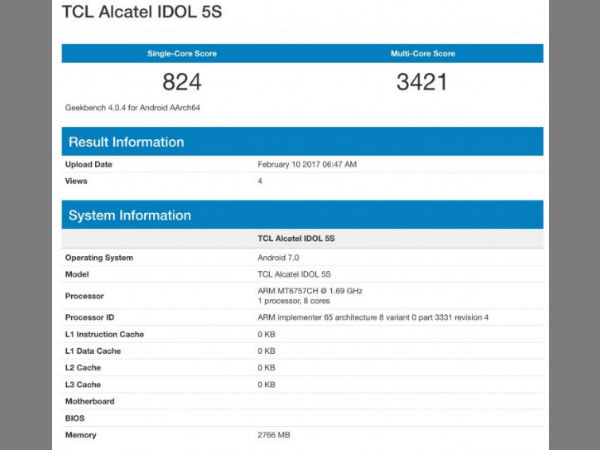Alcatel Idol 5S with Helio P20 SoC and 3GB of RAM spotted on Geekbench Alcatel Idol 5S with Helio P20 SoC and 3GB of RAM spotted on Geekbench