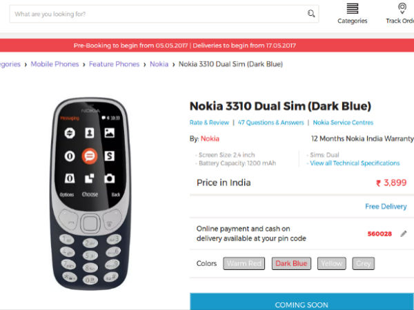 Nokia 3310 (2017) pre-booking to start on May 5