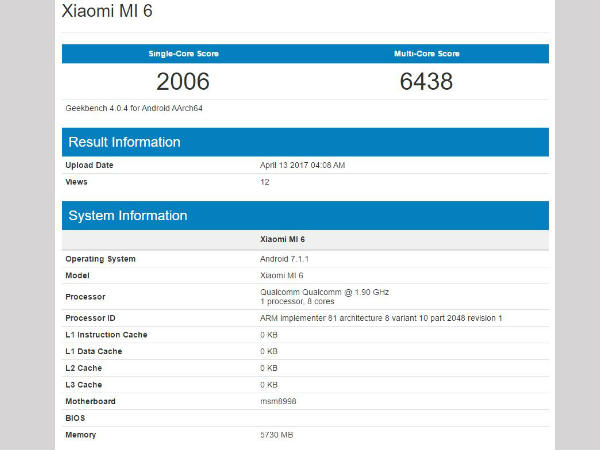 Xiaomi Mi 6 Geekbench scores leaked: Higher than Google Pixel!