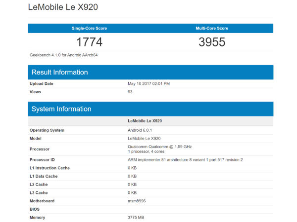 LeEco Le X920 spotted on Geekbench: Confirms SD 820 SoC