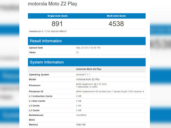 The Moto Z2 Play with SD 626 SoC again spotted on Geekbench