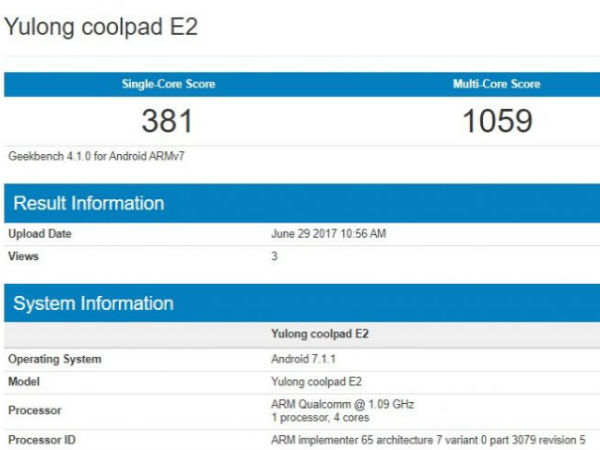 Coolpad E2 with 2GB RAM, Android 7.1.1 Nougat surfaces on Geekbench