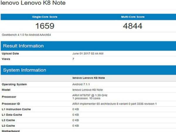 Lenovo K8 Note with Helio X20 spotted on Geekbench