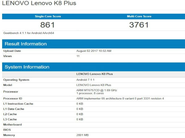 Lenovo K8 Plus with Android 7.1.1 Nougat spotted on Geekbench