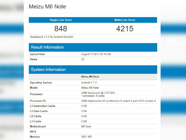Meizu M6 Note spotted on Geekbench ahead of launch