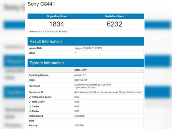 Sony Xperia XZ1 Compact with Snapdragon 835 gets listed on Geekbench 