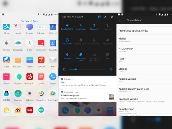 OnePlus 3T is shown running Android Oreo in screenshots 