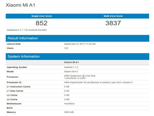 Xiaomi Mi A1 Android One smartphone visits Geekbench