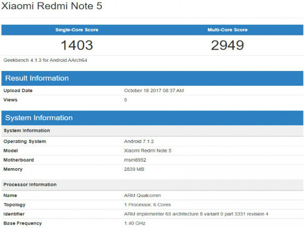 Xiaomi Redmi Note 5 with Snapdragon 617 spotted on Geekbench Xiaomi Redmi Note 5 with Snapdragon 617 spotted on Geekbench