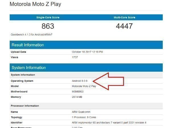 Moto Z Play spotted with Android Oreo on Geekbench and screenshot 