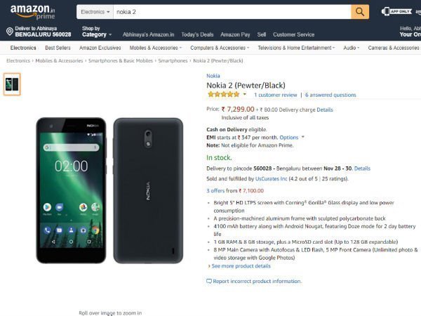Nokia 2 is listed on Amazon India for Rs. 7,299