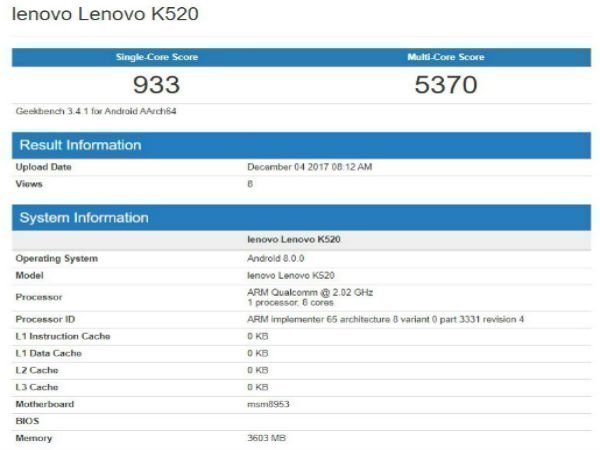 Lenovo K520 with 4GB RAM and Android 8.0 Oreo stops by Geekbench